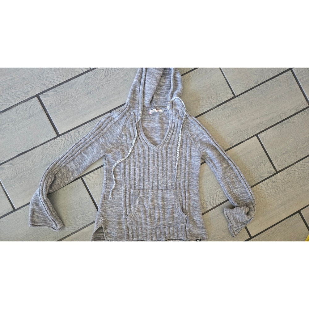 Roxy Womens Grey Space Dye Knit Hoodie Sweater V-Neck Kangaroo Pocket Small